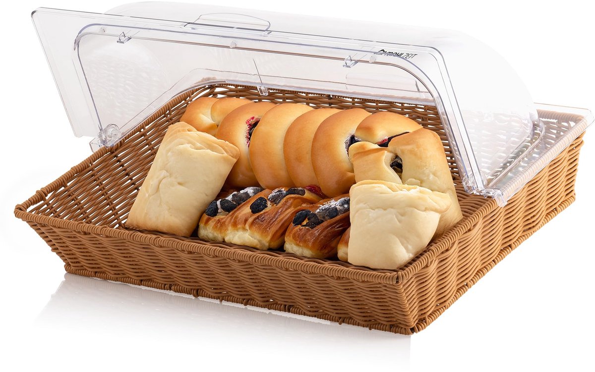 Famanu – Rotan broodmand met deksel, 53,5 x 33 x 25 cm, kunststof brooddoos met kijkvenster, ideaal voor brood en gebak