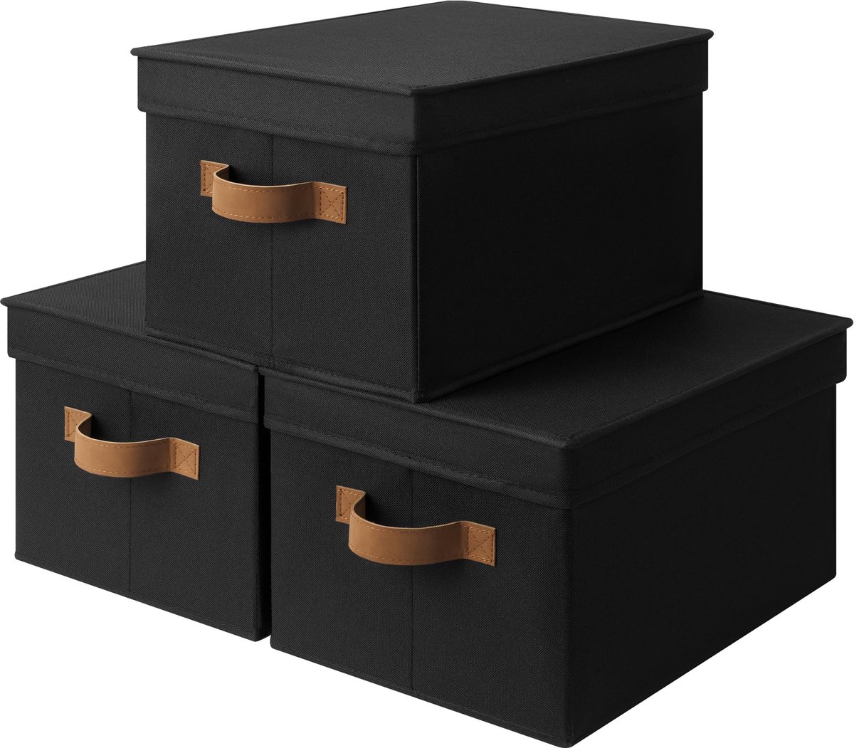 Famanu – Opbergdozen met deksel, grote opbergmanden voor planken, rechthoekige kastorganizers met handvatten, set van 3 stuks, zwart