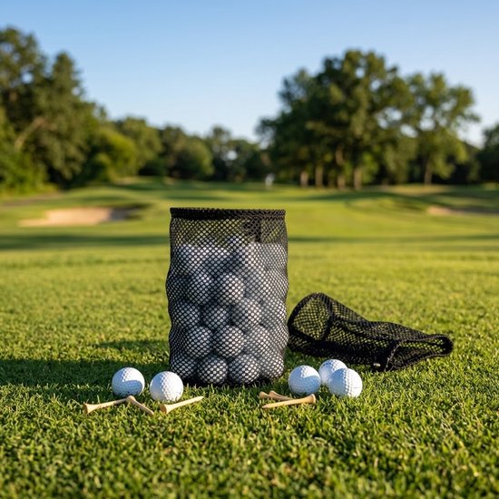 Zwarte golfbal tas groot voor 50 golfballen – netstof opberg tas met trekkoord – golf ballen draag tas – golf trainings materiaal en golf accessoires voor heren en dames — afbeelding 5