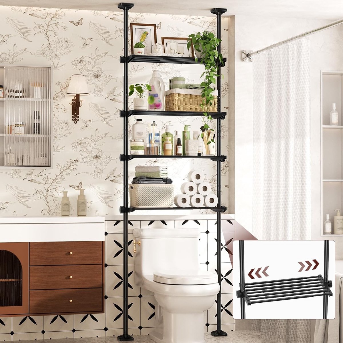 Wastafelkastje - Zwart - Verstelbaar 163-315 cm Hoogte - Stabiele Toiletstandaard met 4 Planken - Voor Badkamer en Waskamer