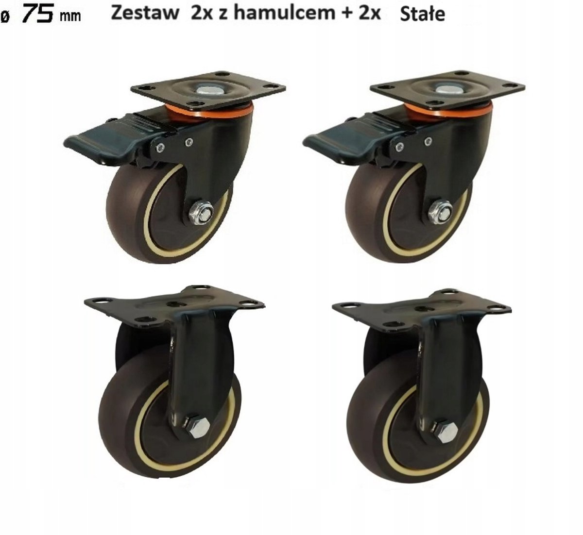 4x Zwenkwielen met Rem & Vaste Wielen - Ø 75 mm TPR
