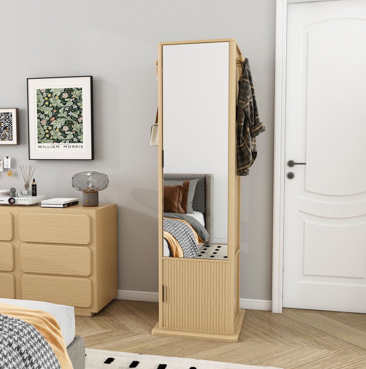 MIVRAY Spiegelkast - 360 Graden Draaibare Ganzespiegel Met Sieradenopslag En Kapstokhaken - Voor Slaapkamer - Hout - 50x50x170 Cm