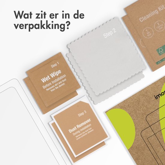 Inhoud van de verpakking: vochtige doekjes, droge doekjes en stofverwijderaar voor het aanbrengen van een screenprotector.