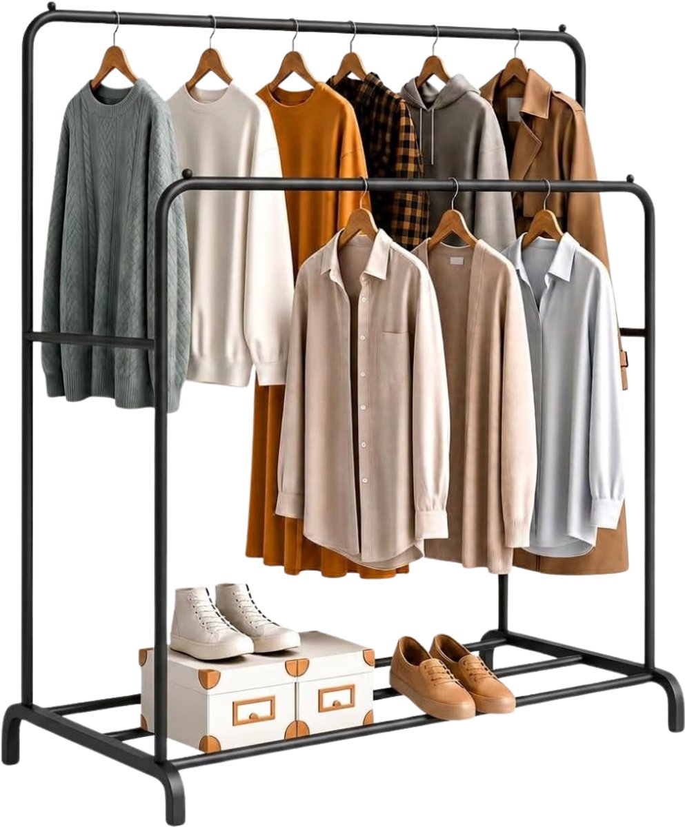 Verte - Kledingrek - Dubbel - Robuust metaal met Schoenenhouder - Organizer - Eenvoudige Montage - Zwart - 110 x 150 x 54 CM
