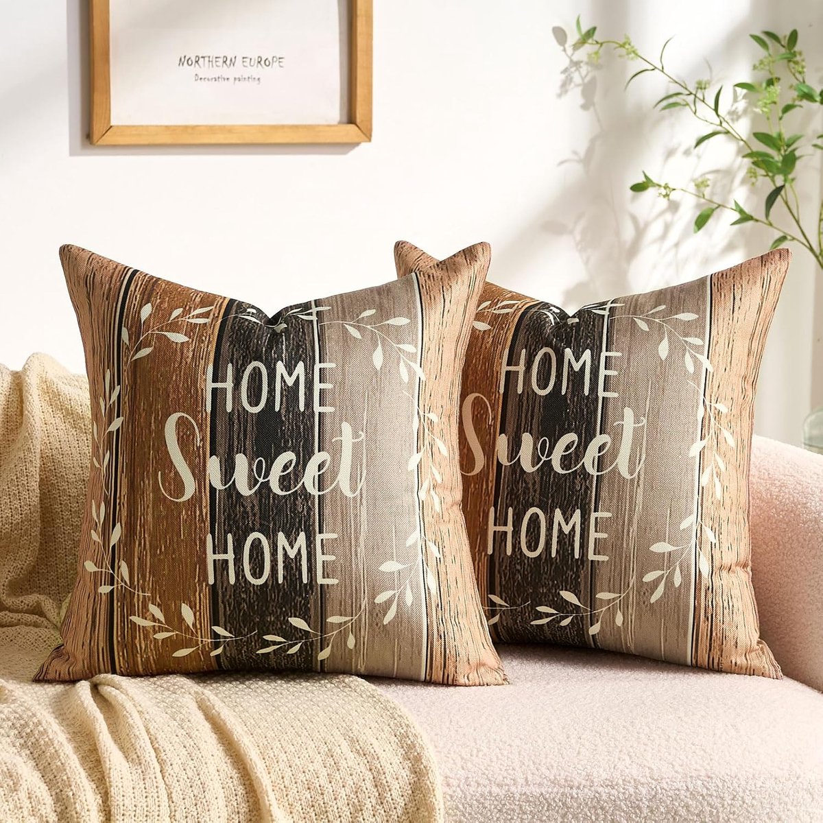 Serento 40x40cm Brown Faux Linen Stripes Home Cute White Crown Farmhouse Rustic Brown Khaki 2 Pieces with Invisible - ShopVlot