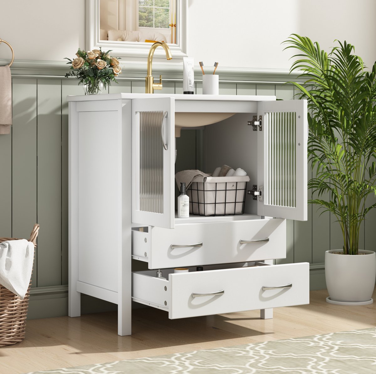 MIVRAY Badkamermeubel Met Wastafel - Hoogglans Wit Met Riffelglas En Lades - Vrijstaand Voor Kleine Badkamers - MDF - 61 Cm