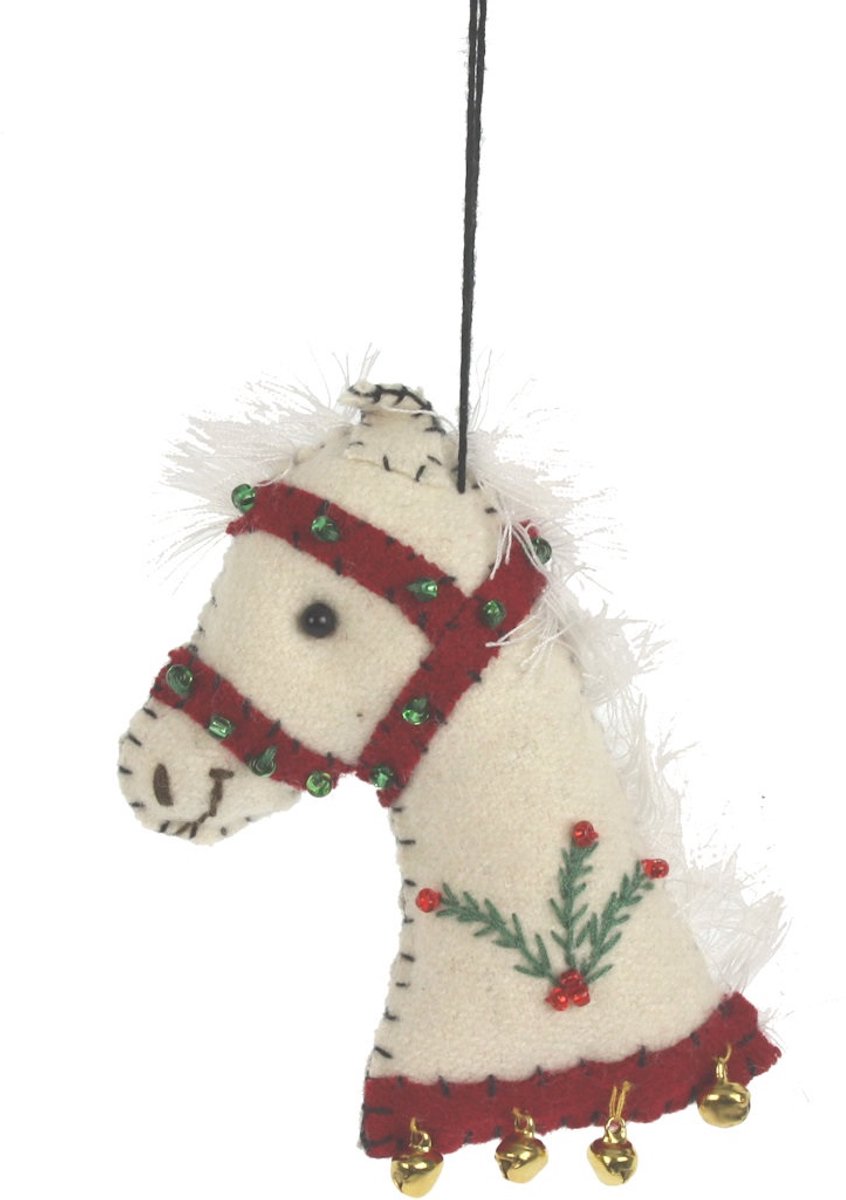 Paard met hulst wit, vilt 6,5x2,5x9,5cm
