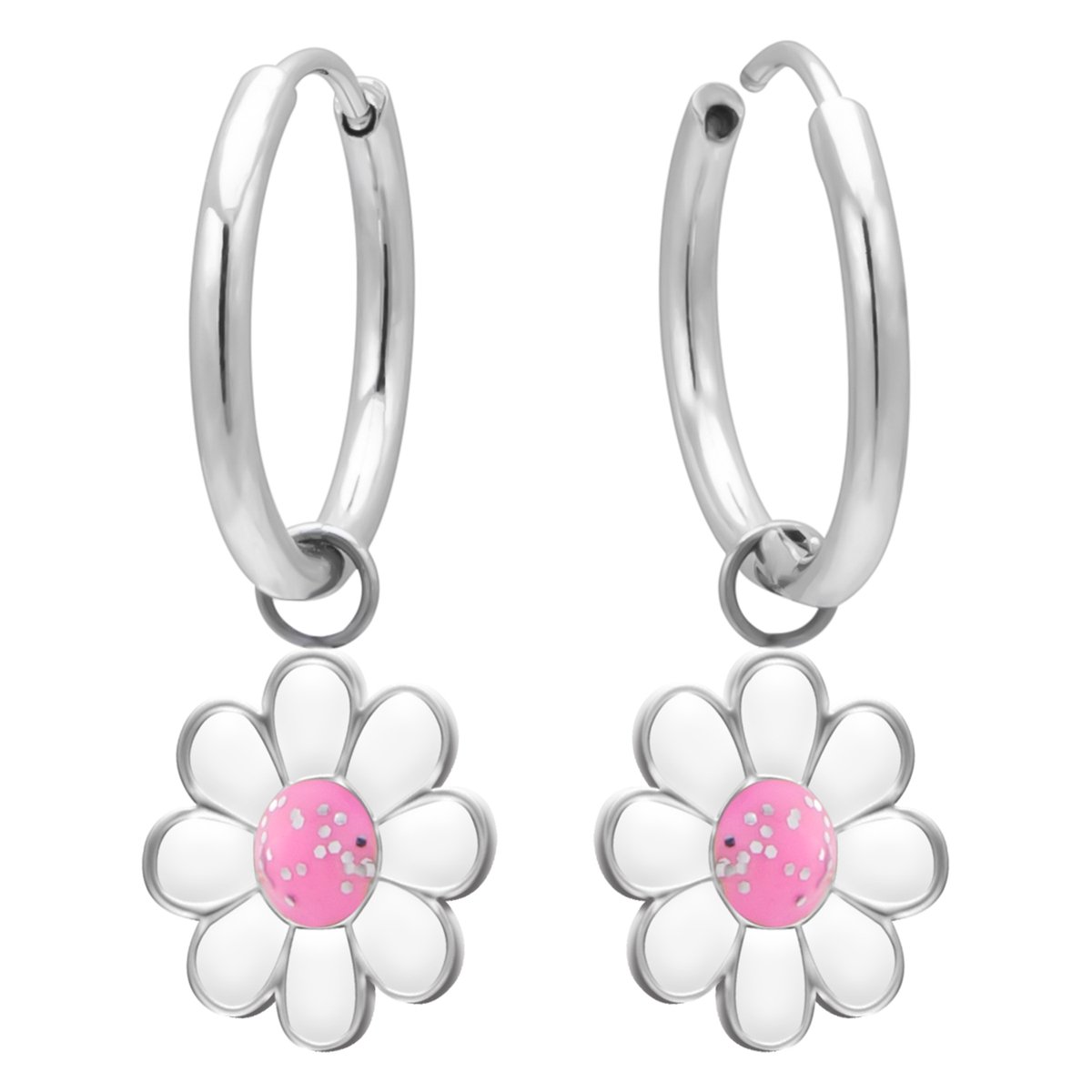 Kinderoorbellen Meisjes – Oorhangers Bloem – 316L Chirurgisch Staal – Geschikt voor Gevoelige Oren – Roze Bloem Oorbellen – Oorringen 12 mm