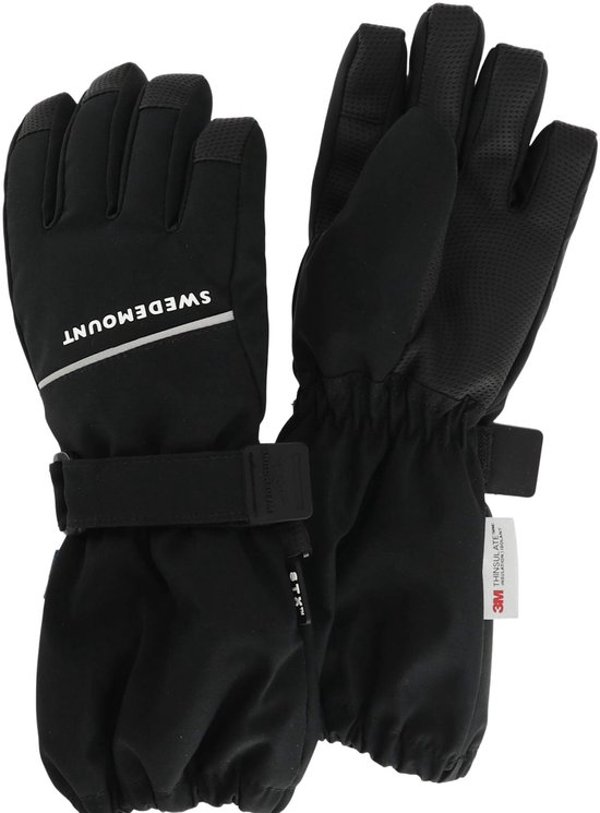 Zwarte Swedemount-handschoenen met reflecterende details, 3M Thinsulate-label en verstelbare polsband.