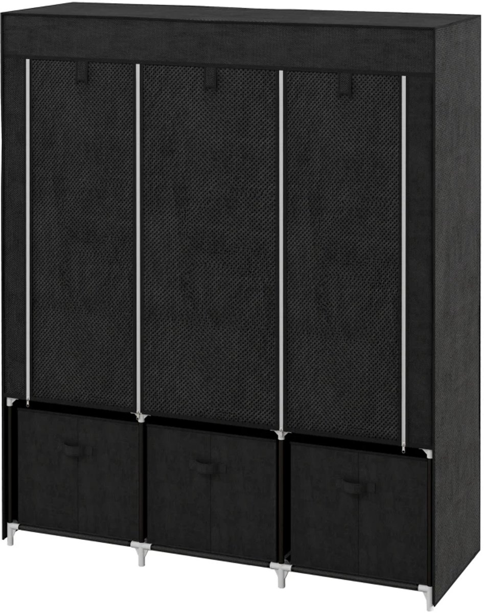 Kledingkast - Stoffenkast van vlies - Vouwkast inclusief 3 laden - 125 cm x 43 cm x 162,5 cm - Zwart
