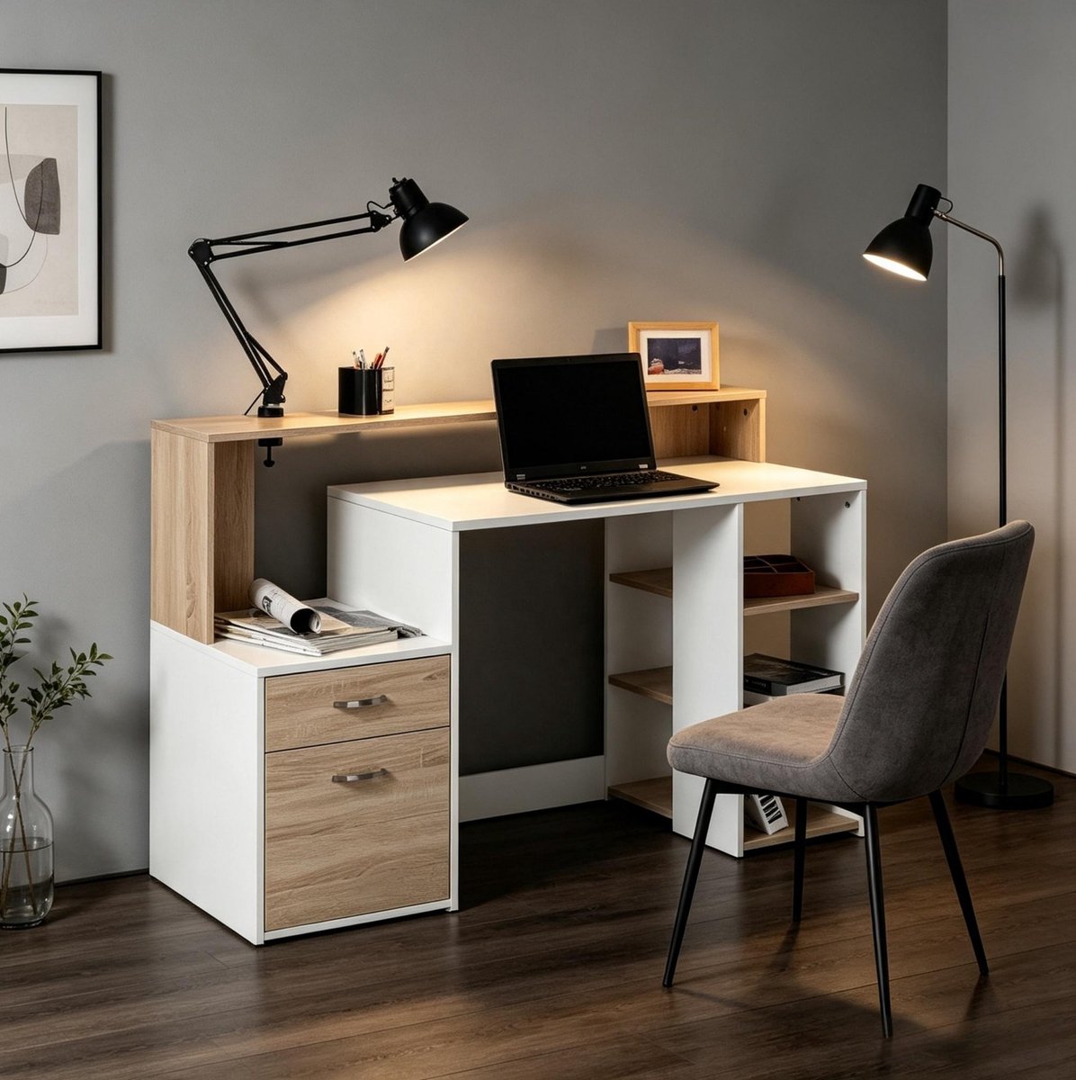 MIVRAY Bureau Met 2 Lades En Open Vakken Voor Thuiswerk En Studie Eiken En Wit MDF 137 X 55 X 92 Cm