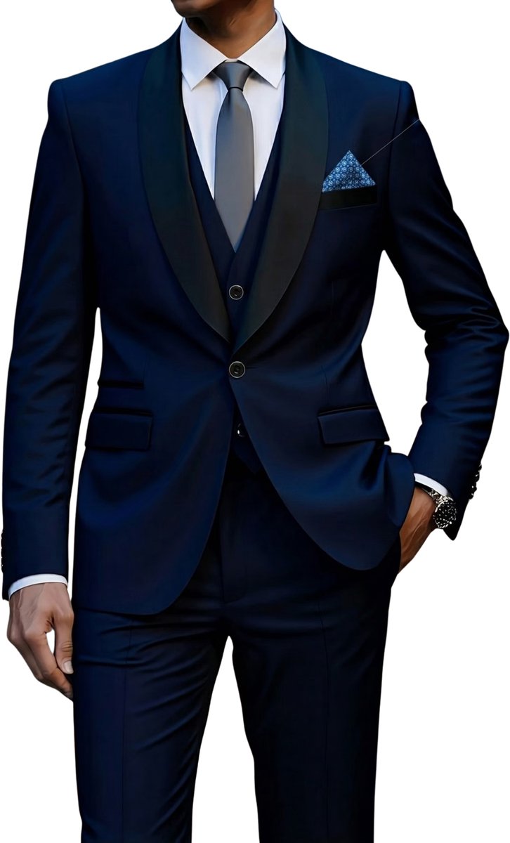 Currero 3 Delig Herenpak Met Overhemd - Suit 2 Delig - Tailored Fit Kostuum - Business Pak - Trouwpak - Smoking - Tuxedo Stijl - Bruiloft, Kantoor & Feest - Marineblauw 1 L