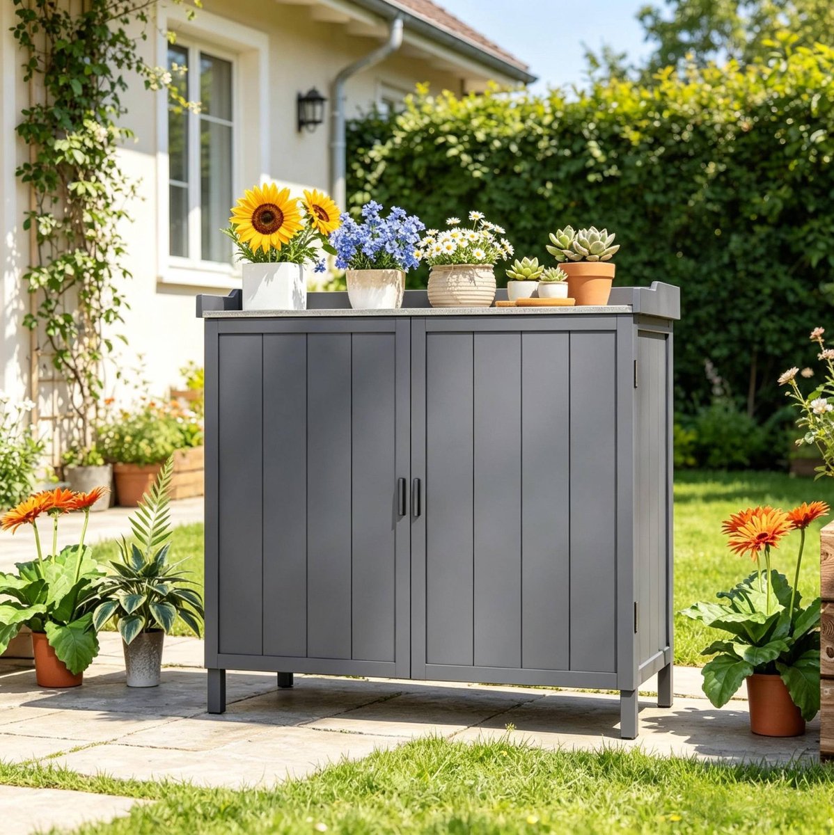 MIVRAY Tuinopbergkast - Dubbele Deur Met Legplank En Werkblad Voor Tuin En Balkon - Hout En Metaal - Grijs - 98x48x95,5 Cm