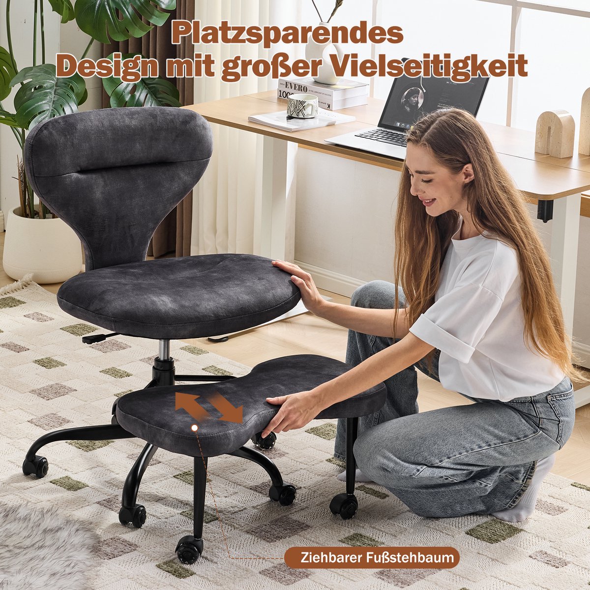 FloraGrace Bureaustoel – Verstelbare Hoogte, 360° Draaibaar & Met Wielen – Voor Thuiswerk, Meditatie en Yoga – Stof – Grijs thumbnail 2