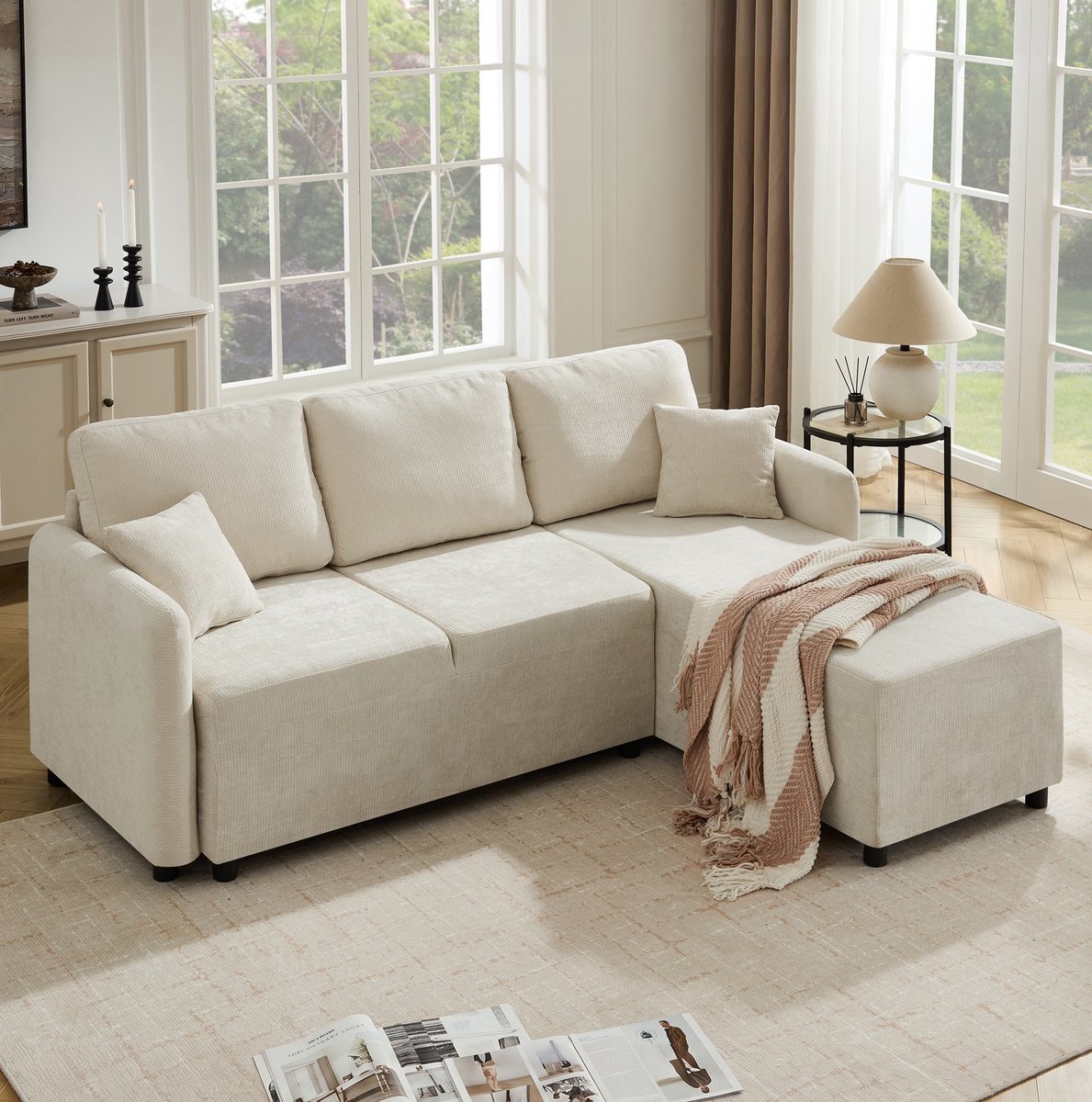 DESMIU Hoekbank - 3-Zits Met L-vormige Ligplaats 144 Cm - Comfortabel Met 2 Kussens - Voor Woonkamer En Studentenkamer - Chenille - Licht Beige Light beige