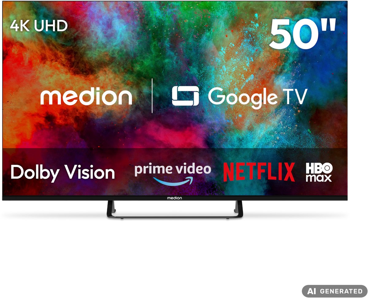 MEDION 4K Smart TV 125,7 cm (50 inch) - MD 850401 | Dolby Vision HDR, Prime Video, Disney+, compatibel met Google TV, PVR, Bluetooth