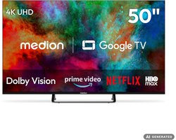 MEDION 125.7 cm 50" Ultra HD TV Smart TV 4K Dolby Vision HDR Prime Video Disney+ Compatible avec Google TV PVR Bluetooth, MD850401 | Dolby Vision HDR, Prime Video, Disney+, compatible avec Google TV, PV