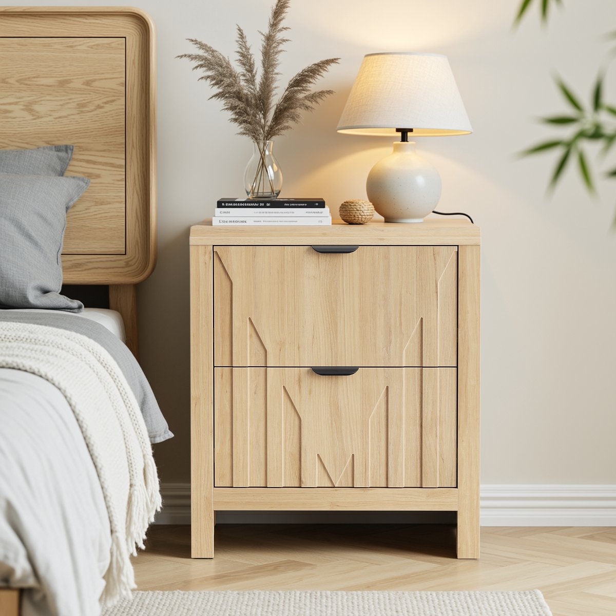 Clruro Nachtkastje - 2 Laden - Mid-Century Design - MDF en Spaanplaat - Eiken