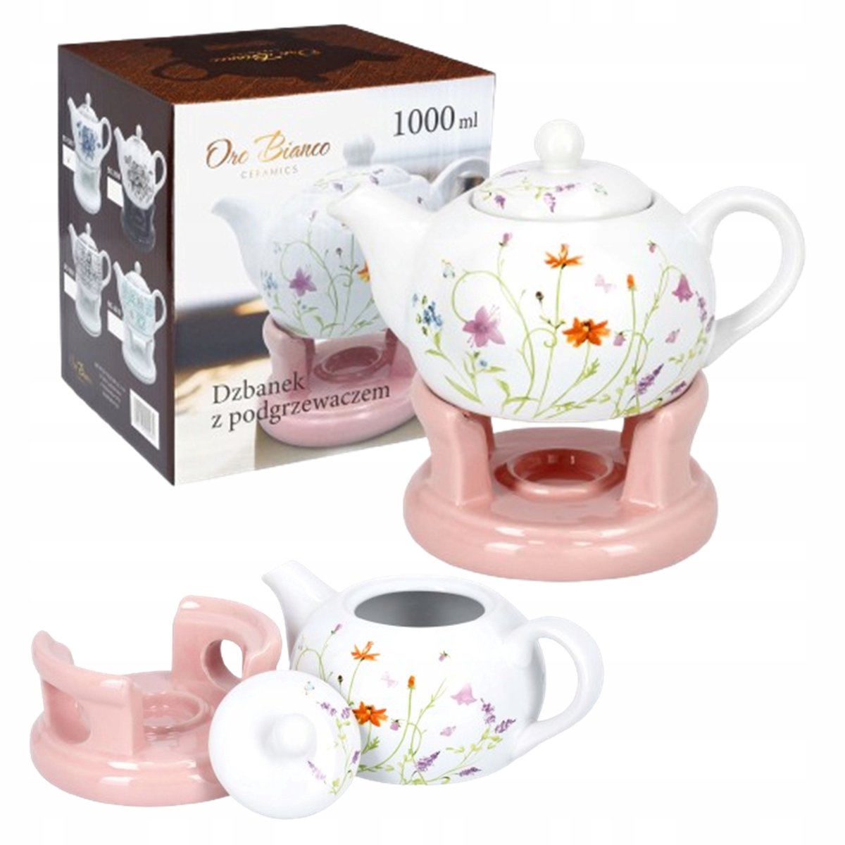 Keramische Theepot met Warmer, 1L, Bloemendecor