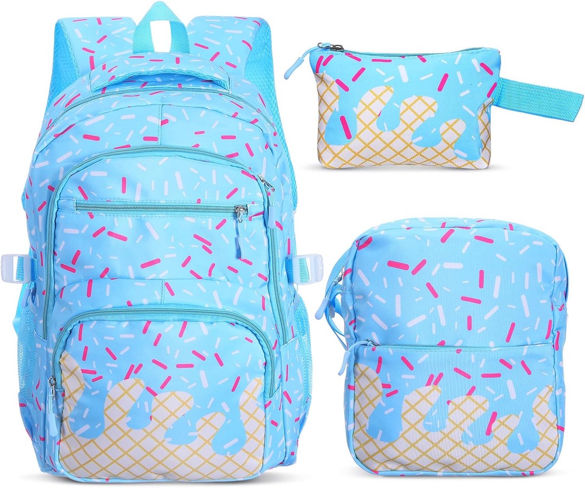 KZQ Blauwe 3 Delige Rugzakset 17 Inch Met Honkbal En Ijsjesmotief
