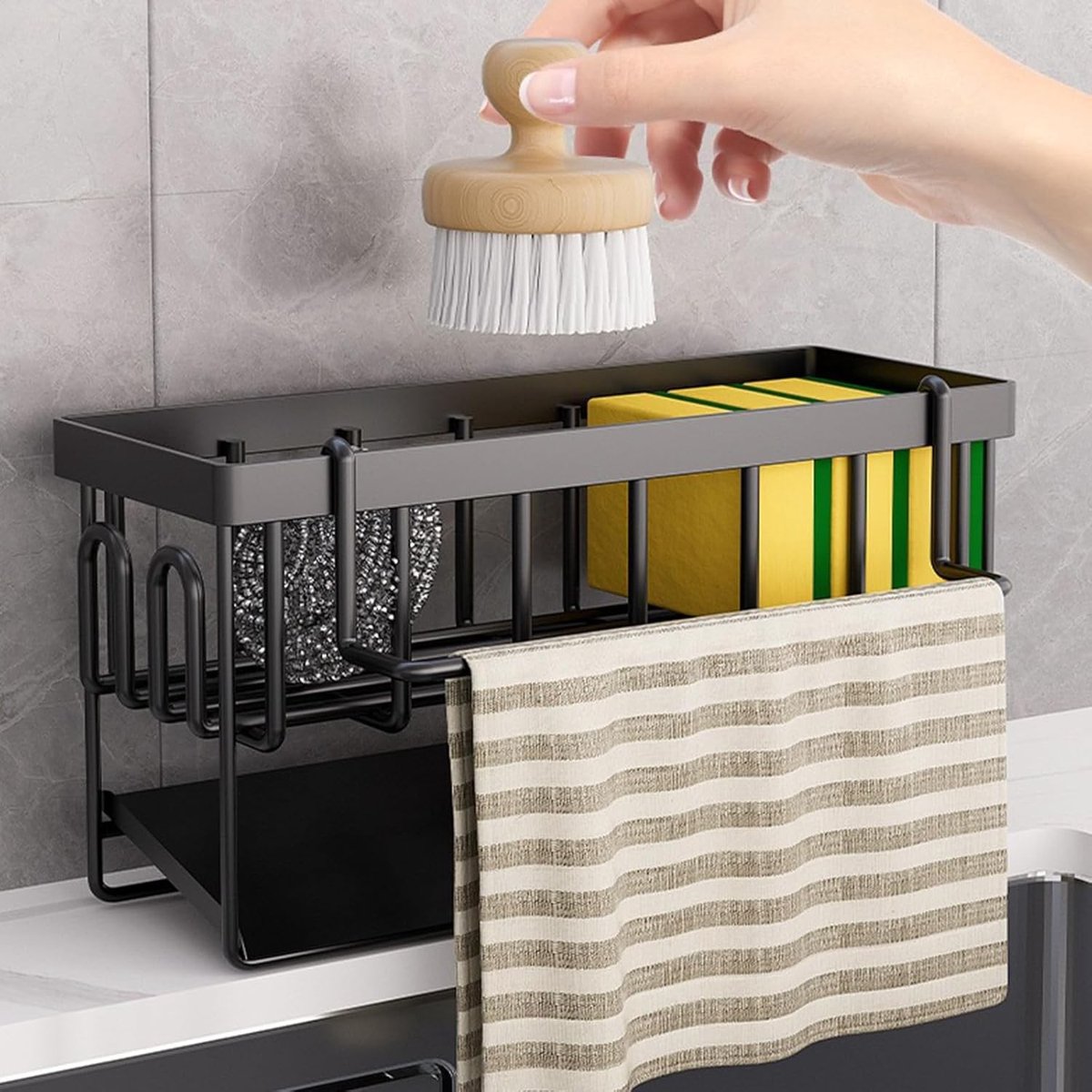 Spoelbak-organizer - Zwart - Klein - Met Verwijderbare Handdoekhouder - Voor Keuken