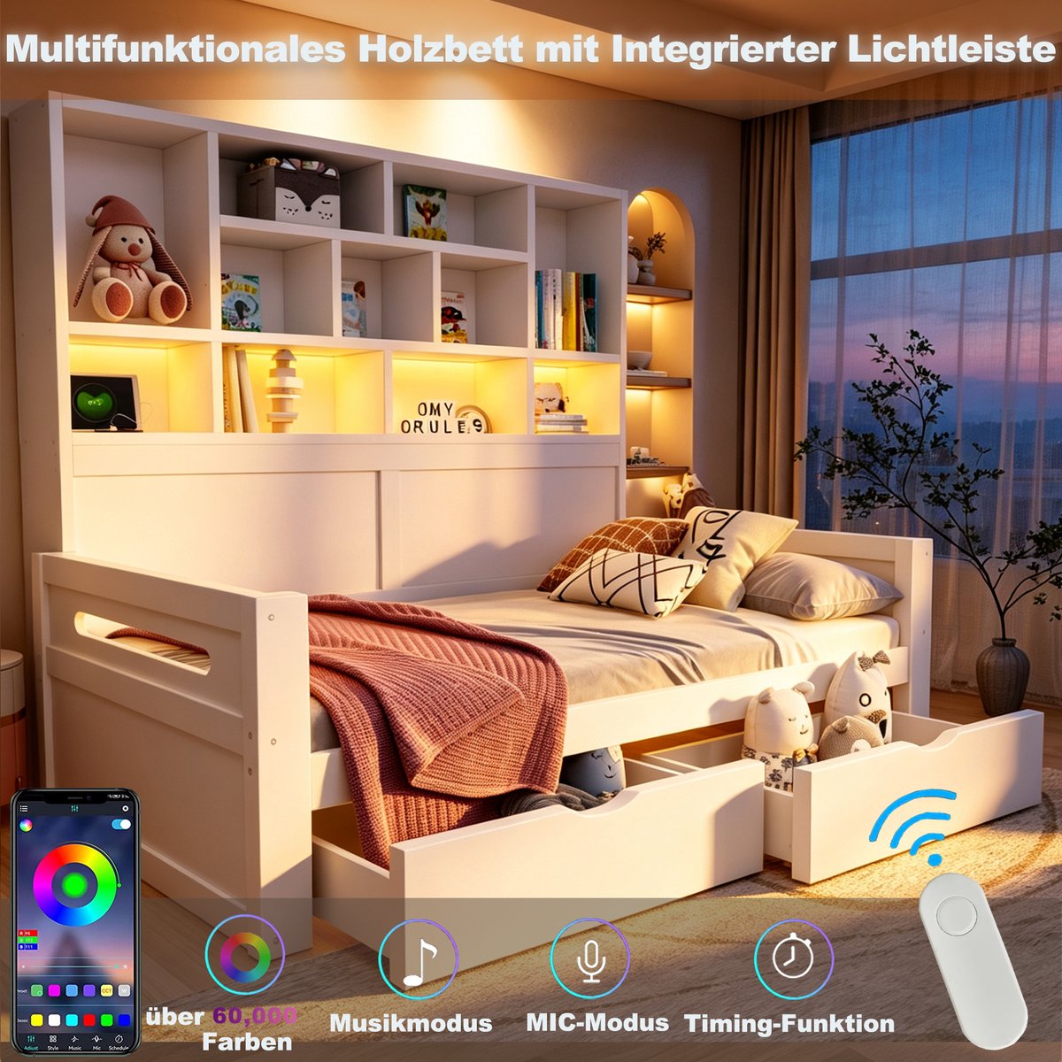 FloraGrace Slaapbank 90 x 200 cm - Multifunctioneel Bed Met Opbergruimte, LED Verlichting En Stopcontacten - MDF - Wit - Zonder Matras