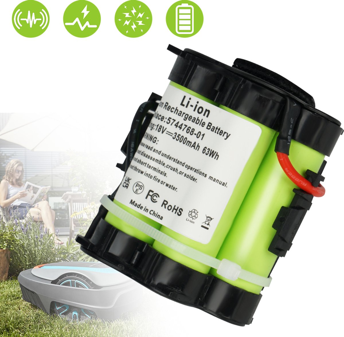 18V 3500mAh Accu Voor Gardena Robotmaaier - Compatibel Met R80Li/R75Li/R70Li/R50Li/R45Li/R40Li Mcculloch Rob R1000 Husqvarna 105/305/308 - 63wh Ingebouwde Beveiliging - Lichtgroen