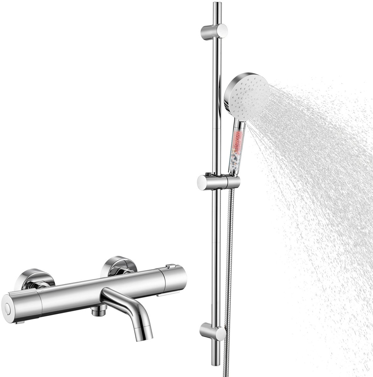 Auralum Max Thermostatische Badkraan - 15 cm - 90 cm Glijstang Doucheset - Douchekop met 4 Filters - 6 Standen - Hoge Druk - Anti-Kalk - RVS Complete Glijstangset - Met CoolTouch technologie - Waterbesparende - Chroom&Wit