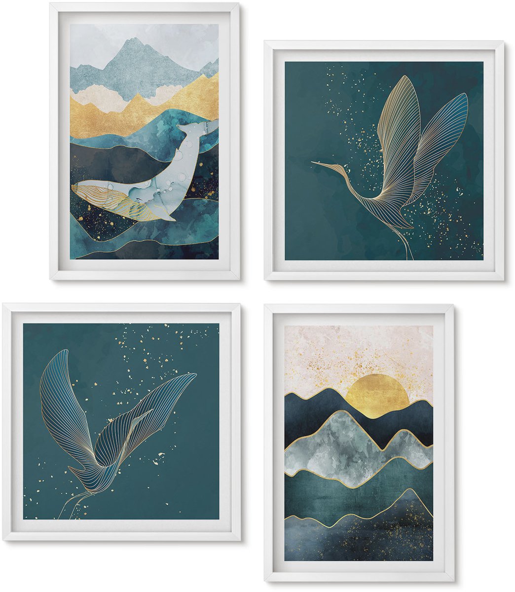 Wallfluent 4-Delige Schilderij Set - Abstracte Berglandschappen, Vliegende Kraanvogels - 40 x 40 En 40 x 60 - Muurdecoratie - Schilderijen Set - Woonkamer - Decoratieve Schilderijen