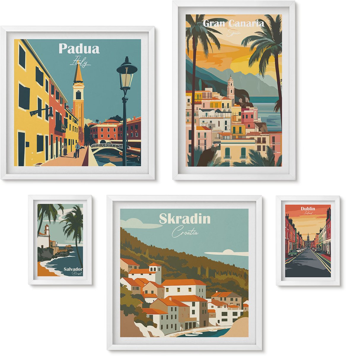 Wallfluent 5-Delige Schilderij Set - Europese Stadsgezichten En Pittoreske Uitzichten - 50 x 50 cm, 20 x 30 cm En 40 x 60 cm - Decoratieve Muurdecoratie - Slaapkamer - Decoratieve Schilderijen