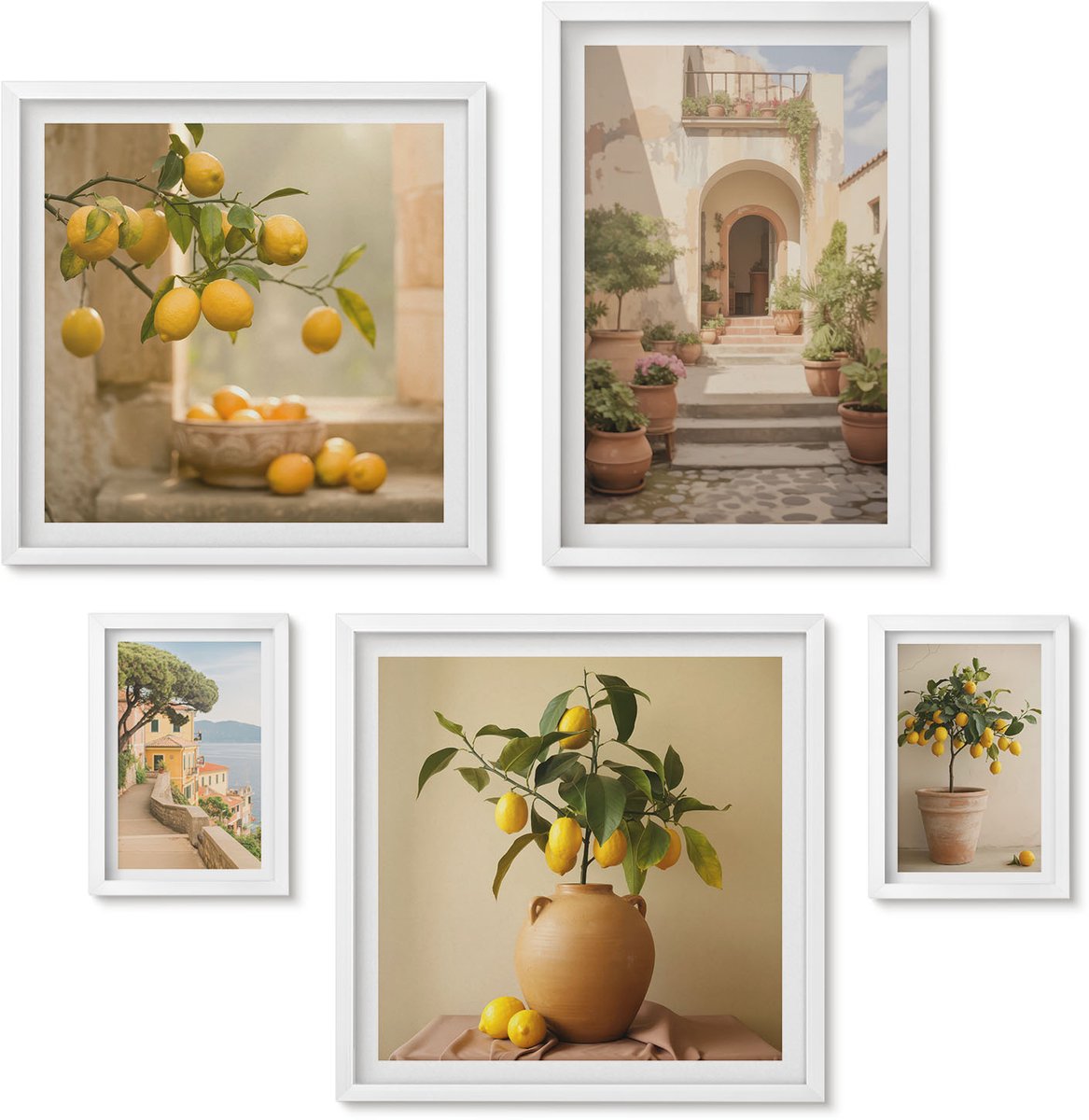 Wallfluent 5-Delige Schilderij Set - Stijlvolle Citrusdecoraties In Een Rustieke Omgeving - 50 x 50 cm, 20 x 30 cm En 40 x 60 cm - Wanddecoratie - Schilderijen Set - Kantoor - Interieur Decoratie