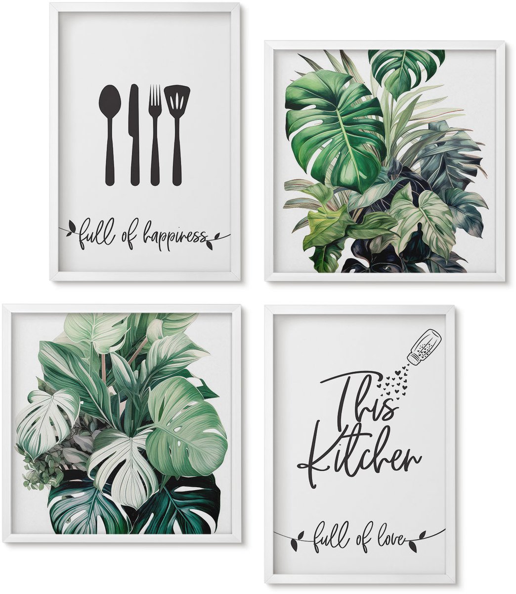 Wallfluent 4-Delige Schilderij Set - Patronen Van Keukengerei: Plantenbladeren - 40 x 40 En 40 x 60 - Muurdecoratie - Decoratieve Schilderijen - Wohnzimmer - Moderne Wanddecoratie