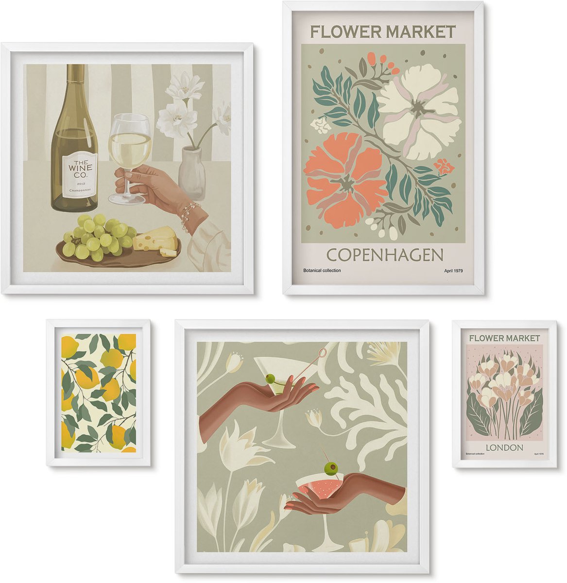 Wallfluent 5-Delige Schilderij Set - Vintage Bloemenmarkten En Fruitinspiratie - 50 x 50 cm, 20 x 30 cm En 40 x 60 cm - Stijlvolle Muurdecoratie - Kantoor