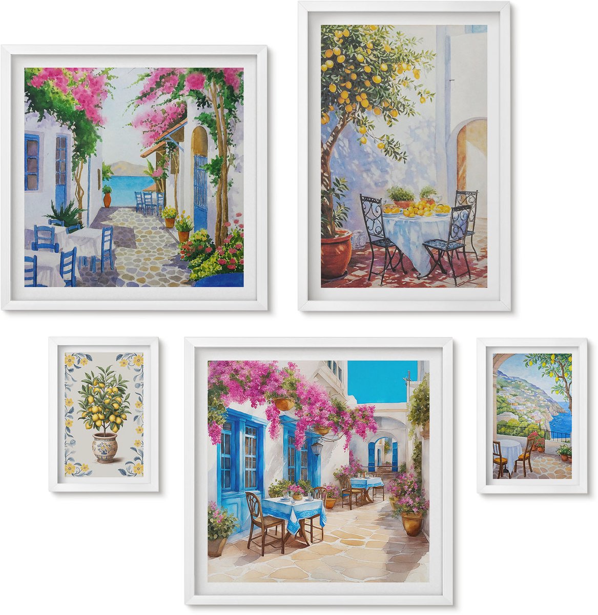 Wallfluent 5-Delige Schilderij Set - Charmante Mediterrane Landschappen Met Bloemen En Fruit. - 50 x 50 cm, 20 x 30 cm En 40 x 60 cm - Wanddecoratie - Muurdecoratie - Woonkamer