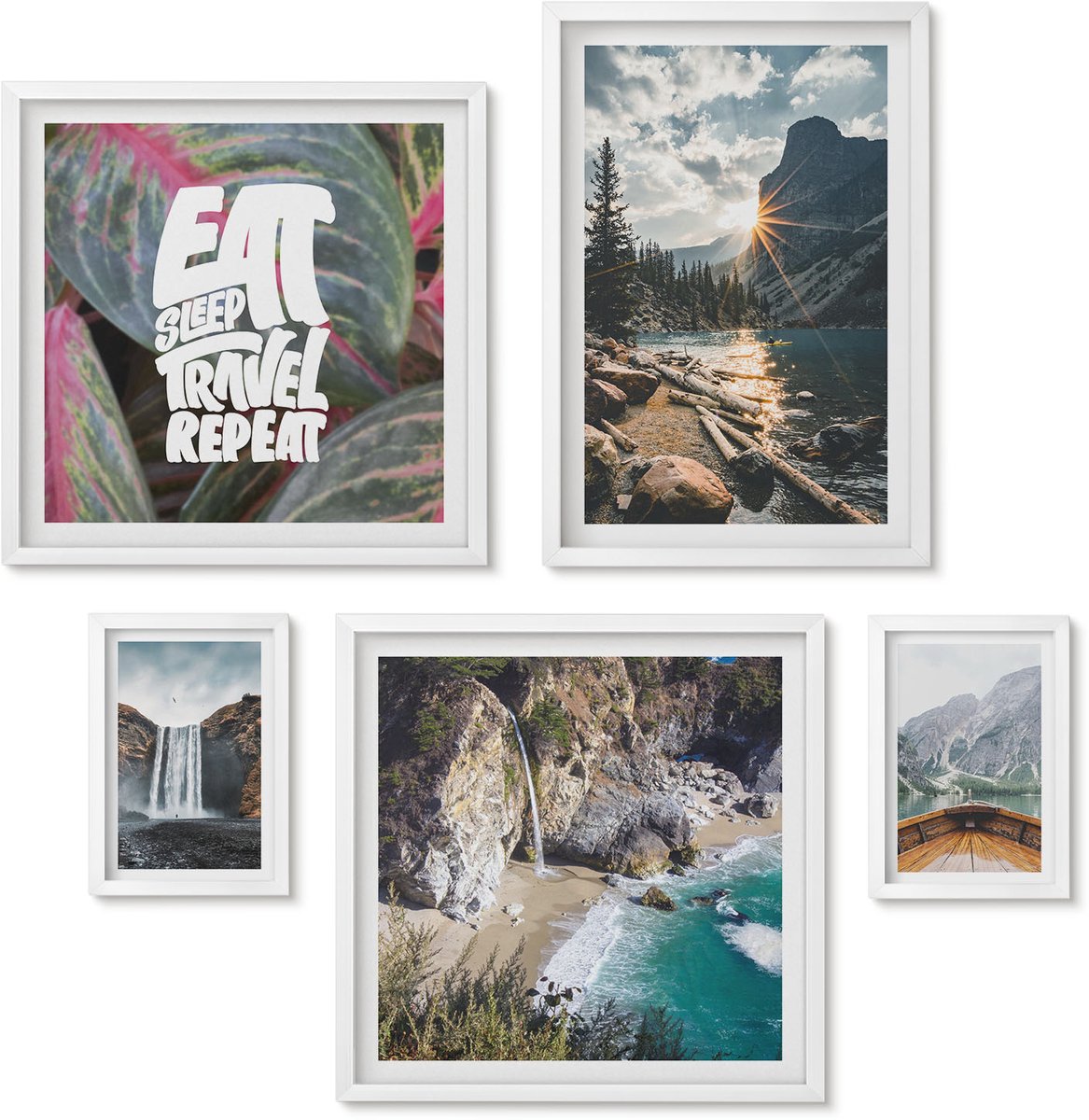 Wallfluent 5-Delige Schilderij Set - Natuurlandschappen Met Watervallen En Uitzicht Op De Bergen - 50 x 50 cm, 20 x 30 cm En 40 x 60 cm - Wanddecoratie - Moderne Interieurdecoratie - Interieur Decoratie