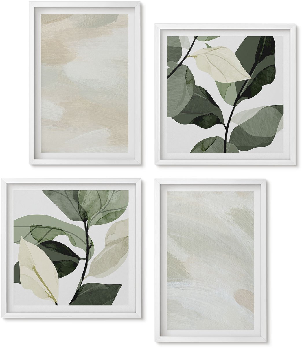 Wallfluent 4-Delige Schilderij Set - Heldere Abstracte Schilderijen Op Canvas, Delicate Boho-Stijl - 40 x 40 En 40 x 60 - Muurdecoratie - Wanddecoratie - Hal - Interieur Decoratie