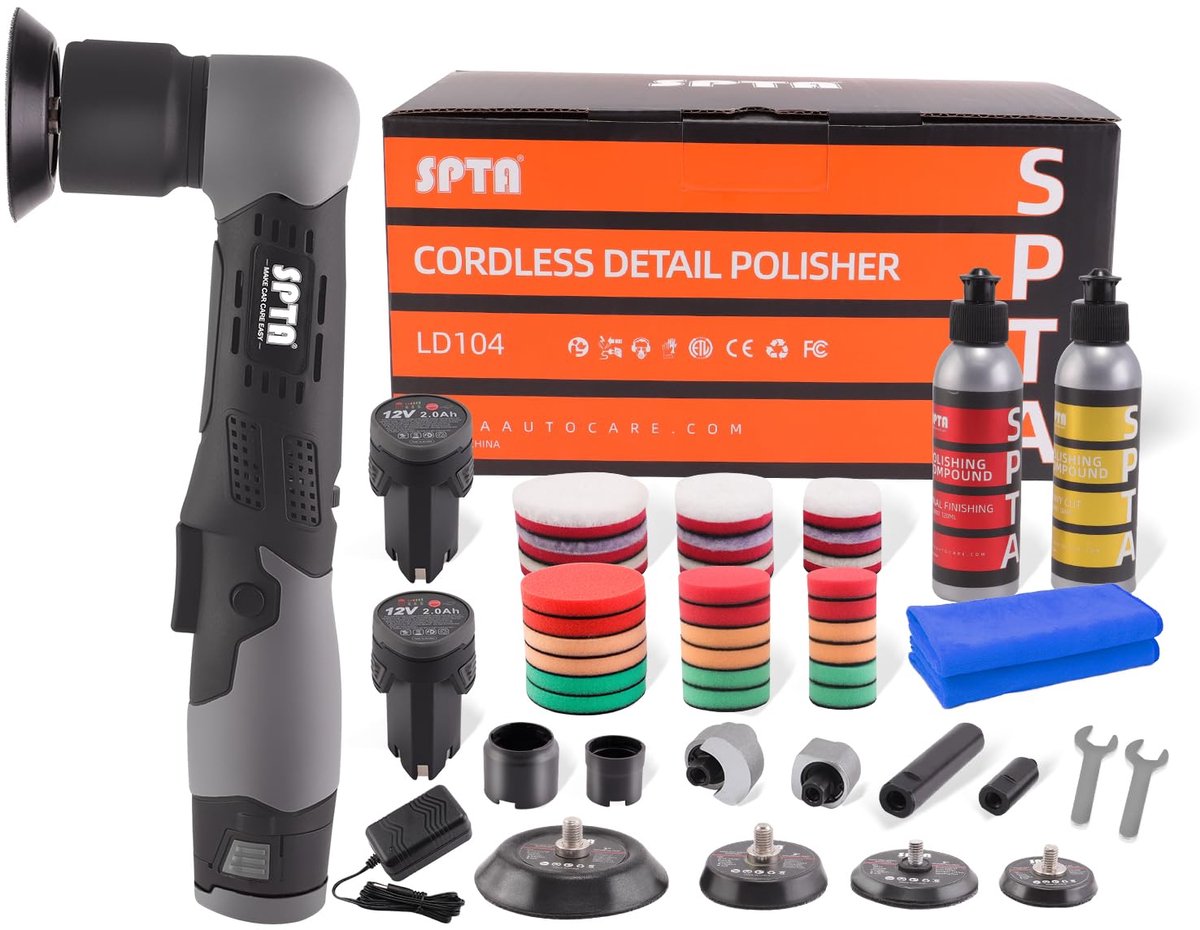 Mini Polijstmachine Auto – Draadloos 12V – 2 Accu’s 2000mAh – 2000–4500 RPM – 34-Delige Polijstset