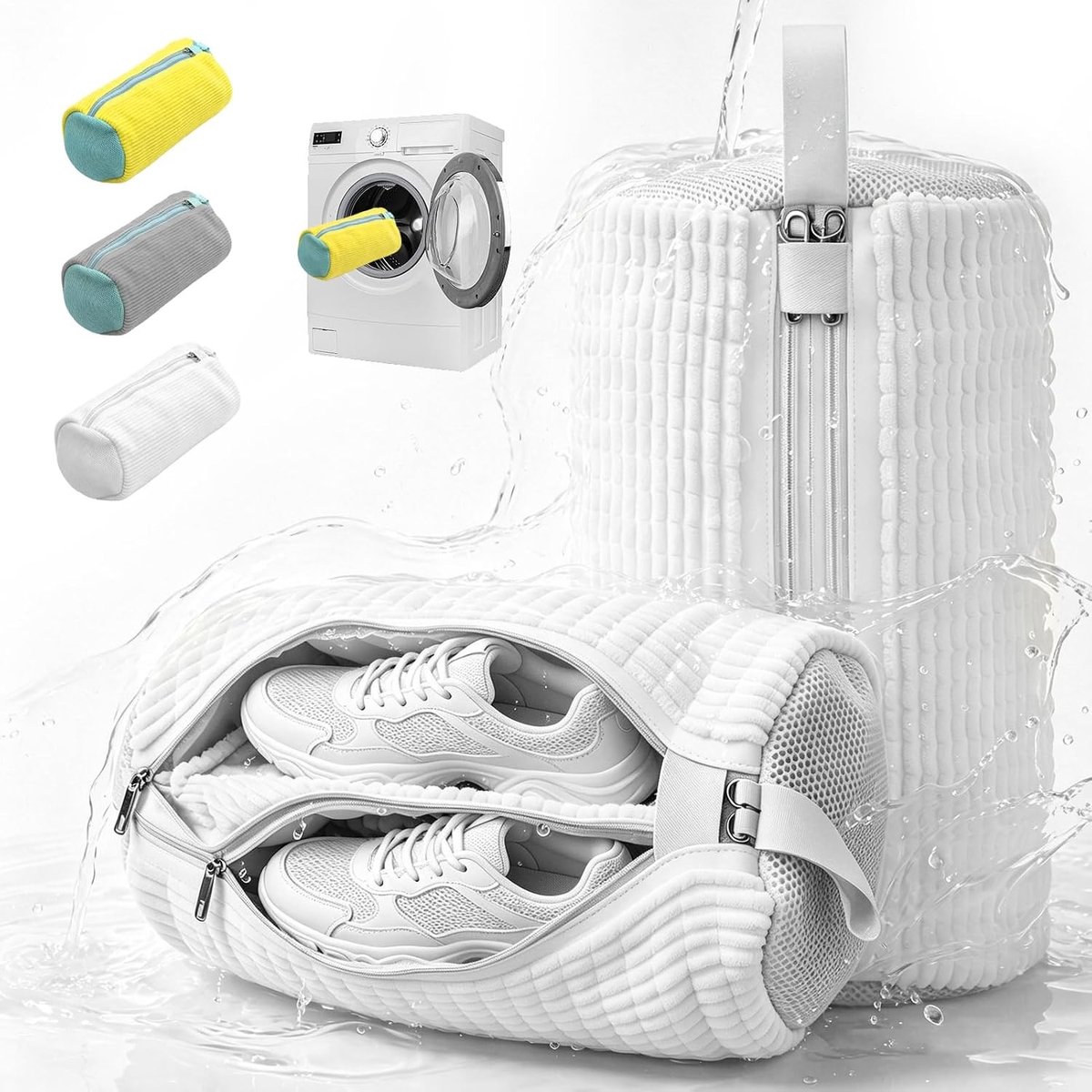 Schoenwaszak voor wasmachine - Wit - 18 x 40 cm - Chenille Microvezel met Dubbele Ritssluiting - Voor Sneakers en Sportschoenen