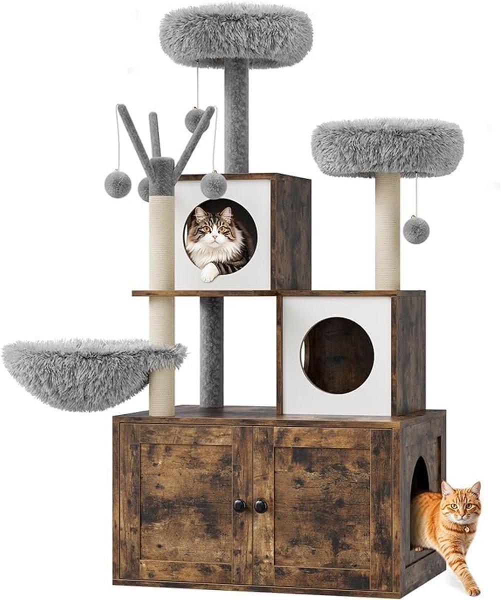 3-in-1 Luxe Kattenmeubel - Kattenbakombouw met Krabpaal & Ligplaats - Houten Kattentoilet met Sisal Krabpaal en Zachte Pluche Mand - Bruin - Meerdere Niveaus