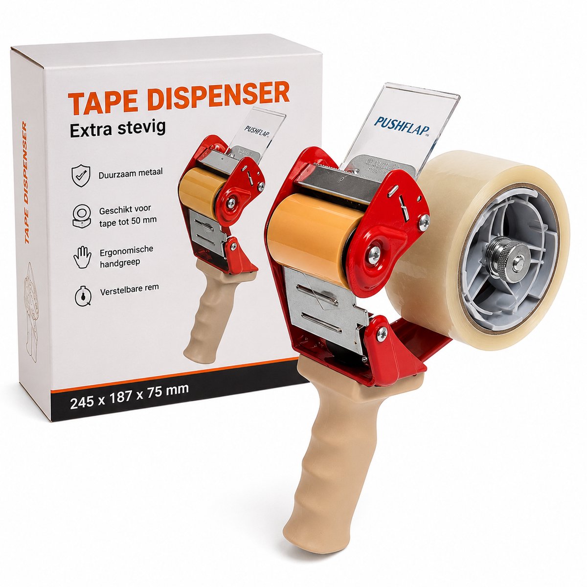 Extra Stevige Tape Dispenser 245 x 187 x 75 mm – Metalen Tapehouder met Ergonomische Handgreep – Geschikt voor Verpakkingstape tot 50 mm – Met Verstelbare Rem
