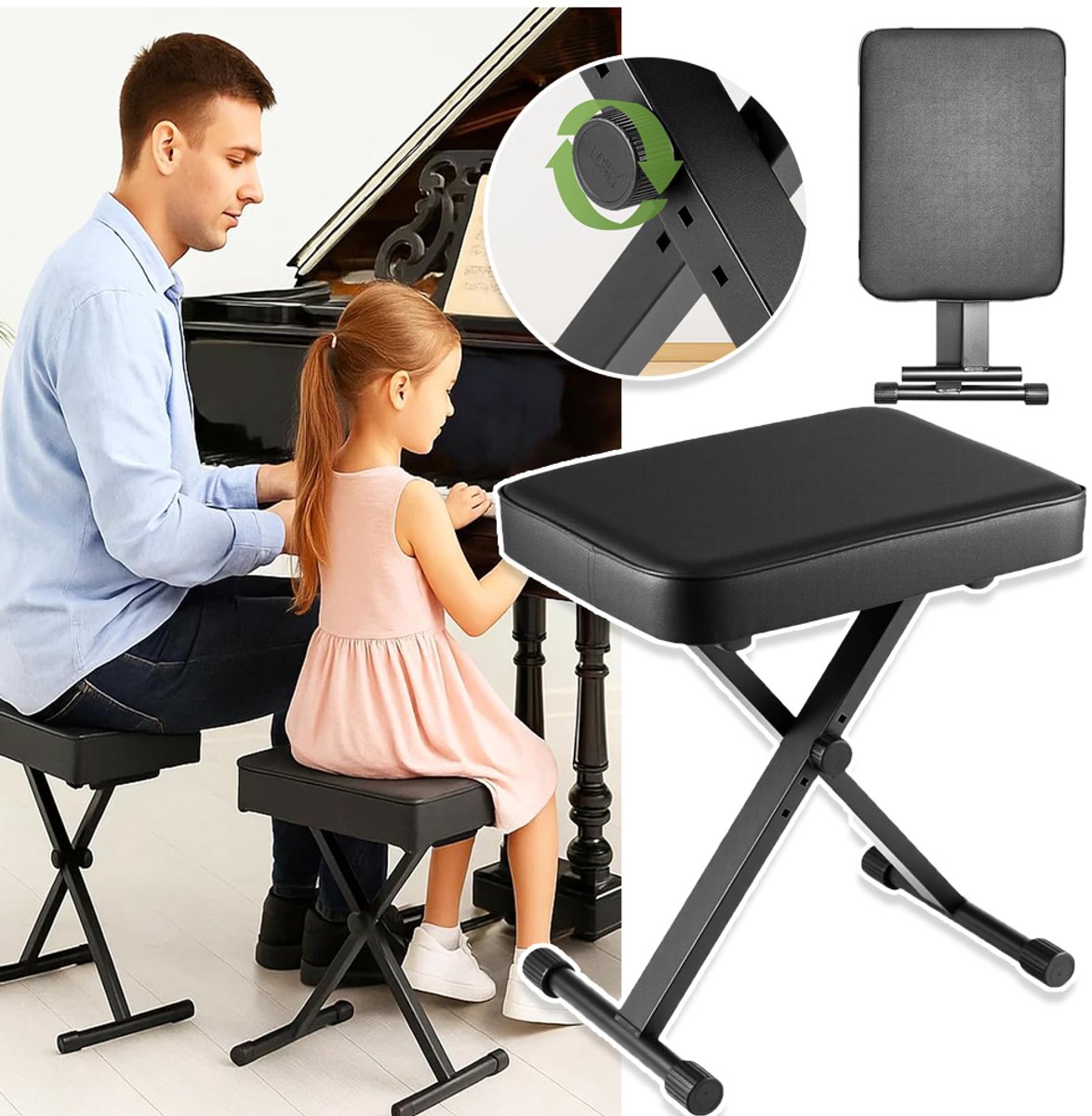 Opvouwbare Pianobank Met Een Belasting Van 154 kg En Een Zitting Van 5 cm Dik - Verstelbaar Van 41-51 cm in Hoogte X-Frame-Stabiliteit Lichtgewicht - Ideaal Voor Pianooefeningen, Slaapzalen En Reizen - Zwart