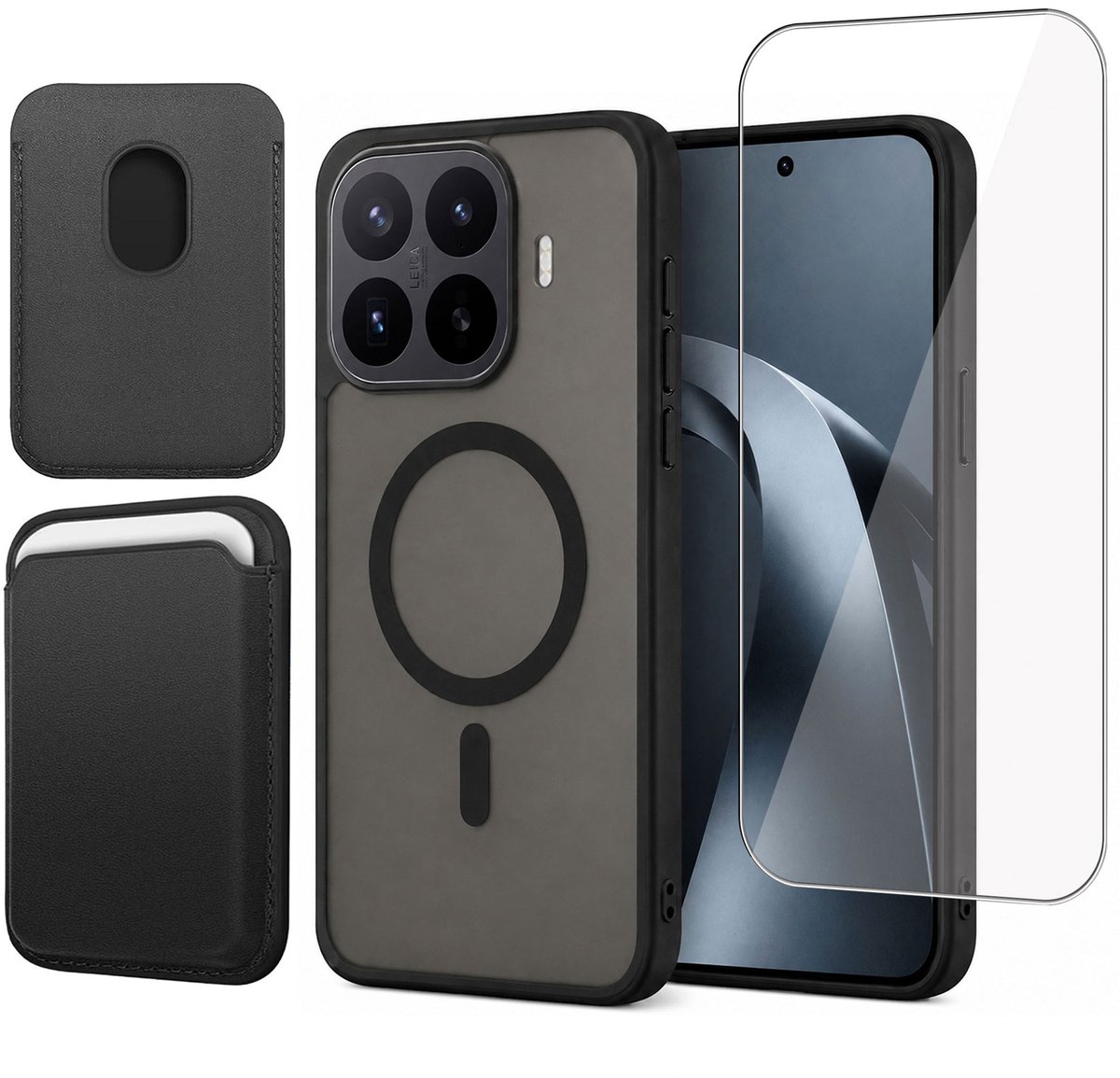 Hoesje + Pasjeshouder + Screenprotector geschikt voor Xiaomi 17T Pro - Portemonnee geschikt voor MagSafe - Magnetisch - Pasjes Houder - Creditcardhouder - Zwart