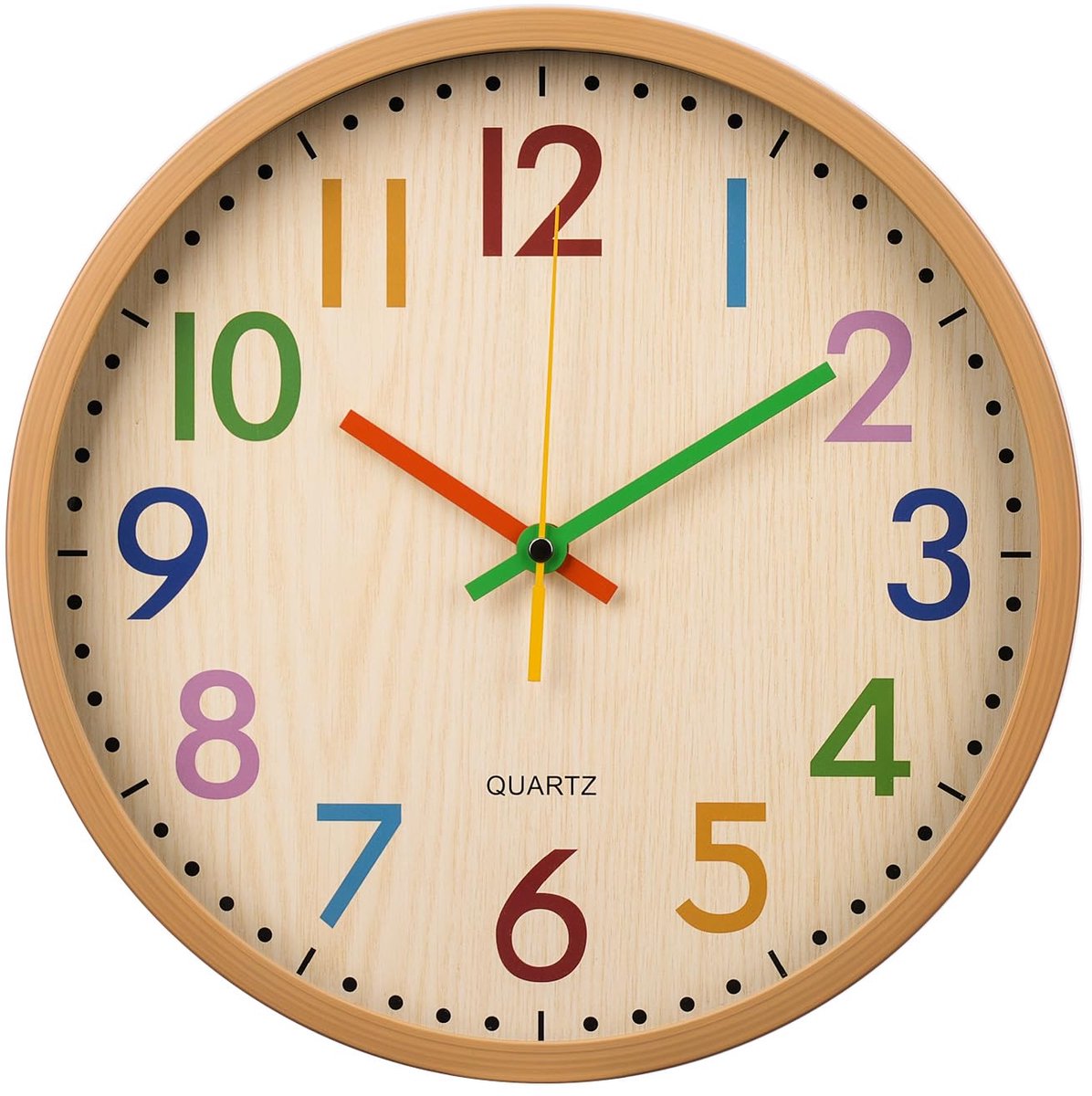 Wandklok 30,5 cm - Houtnerf - Stille kleurrijke letters - Perfect voor kinderen - ShopVlot