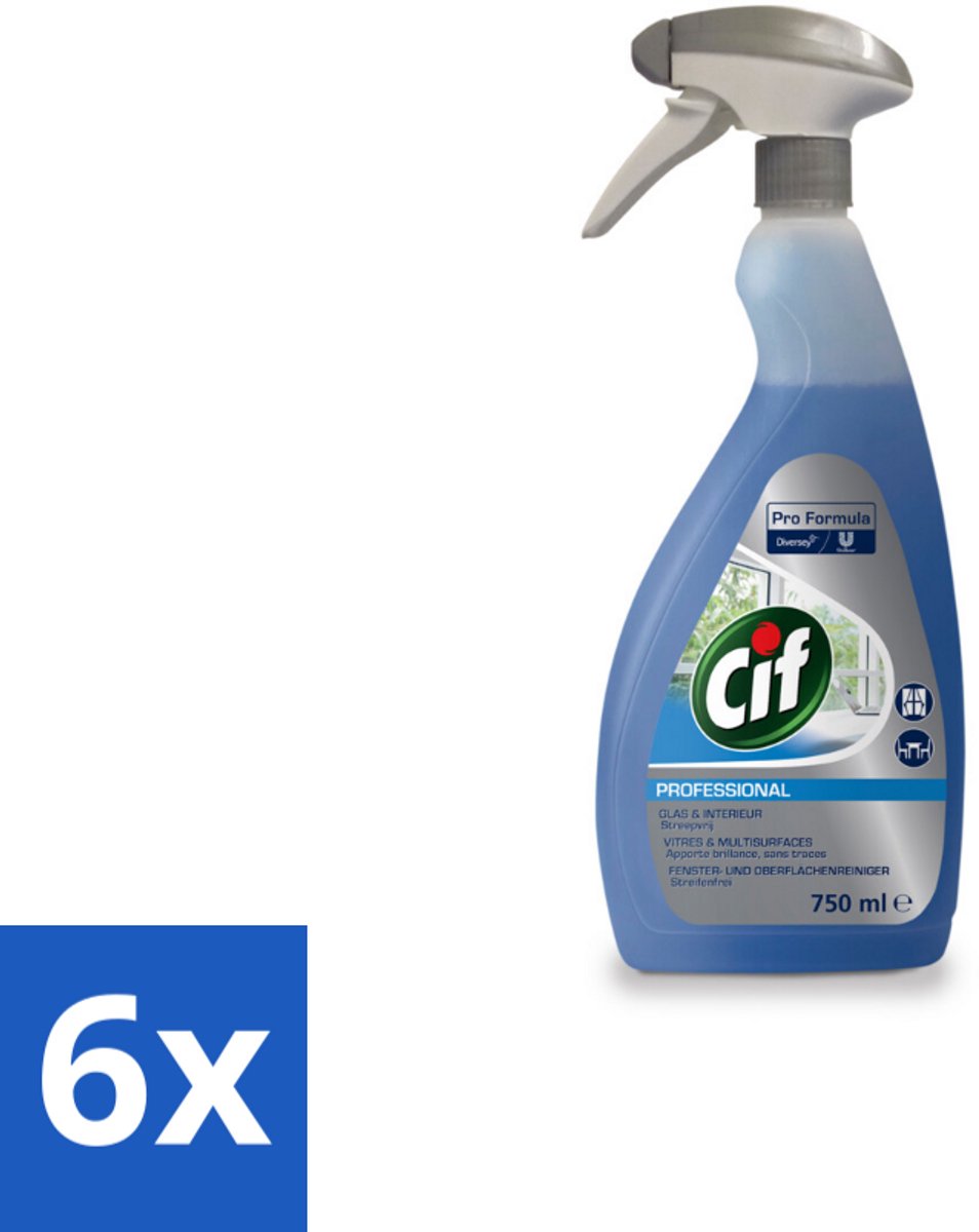 6 x Cif Glas- en Ruitenreiniger - Spray - Streeploze Glans - Voor Ramen en Spiegels - 750 ml - Glasreiniger - Ramen Schoonmaken - Spiegels Schoonmaken - Streeploos Schoon - Glasglans