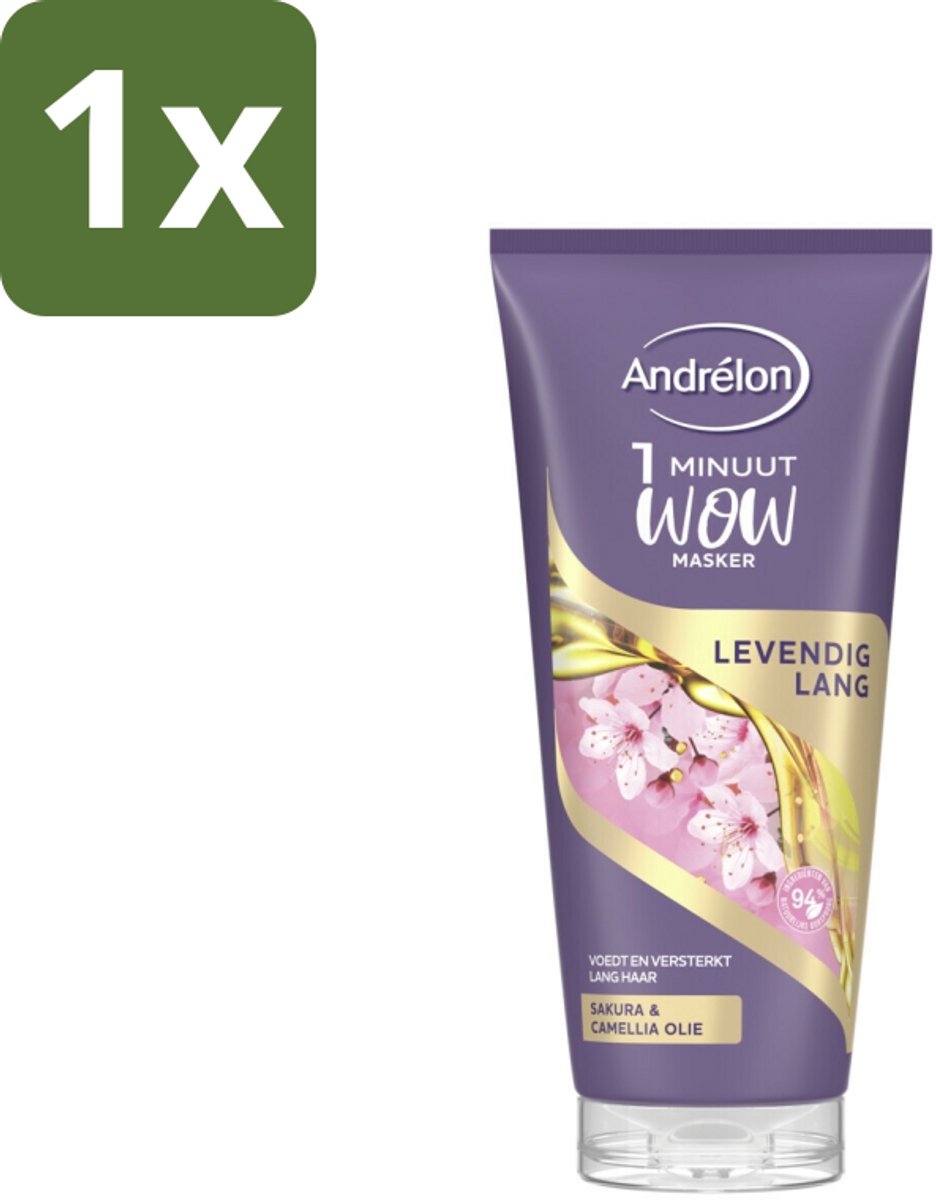 1 x Andrélon - WOW - Masker - Levendig Lang - 180 ml - Haarmasker - Lang Haar - Intensieve Verzorging - Sakura-olie - Camellia-olie