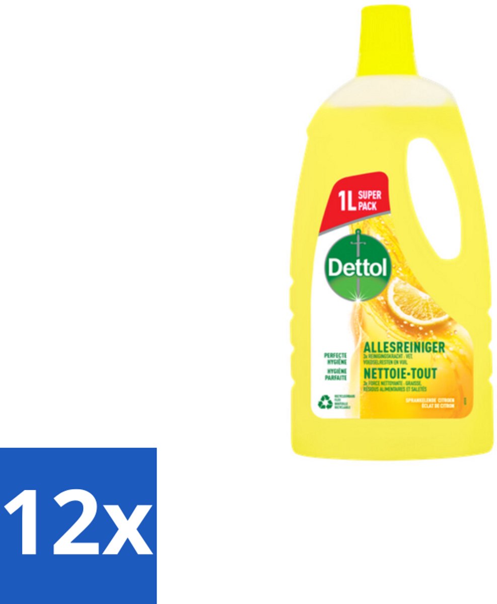 12 x Dettol - Allesreiniger - Citroen - Hygiënisch Schoon - 1 liter - Allesreiniger - Schoonmaakmiddel - Citrusgeur - Hygiënisch Schoon - Keukenreiniger