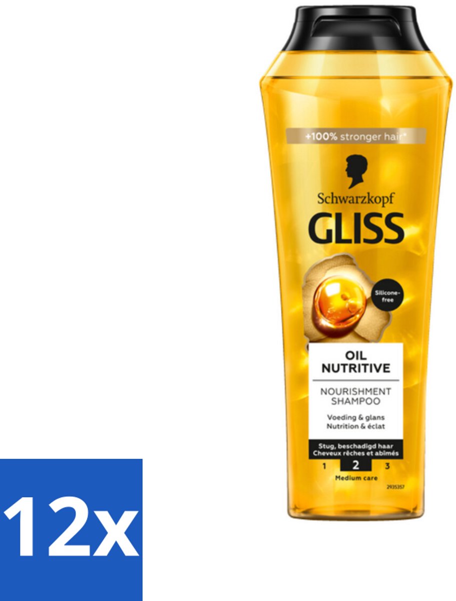 12 x Gliss - Shampoo - Oil Nutritive - Voor Voedend en Zijdezacht Haar - 250 ml - Glans Shampoo - Voedende Shampoo - Droog Haar Shampoo - Haarverzorging - Haar Conditioner