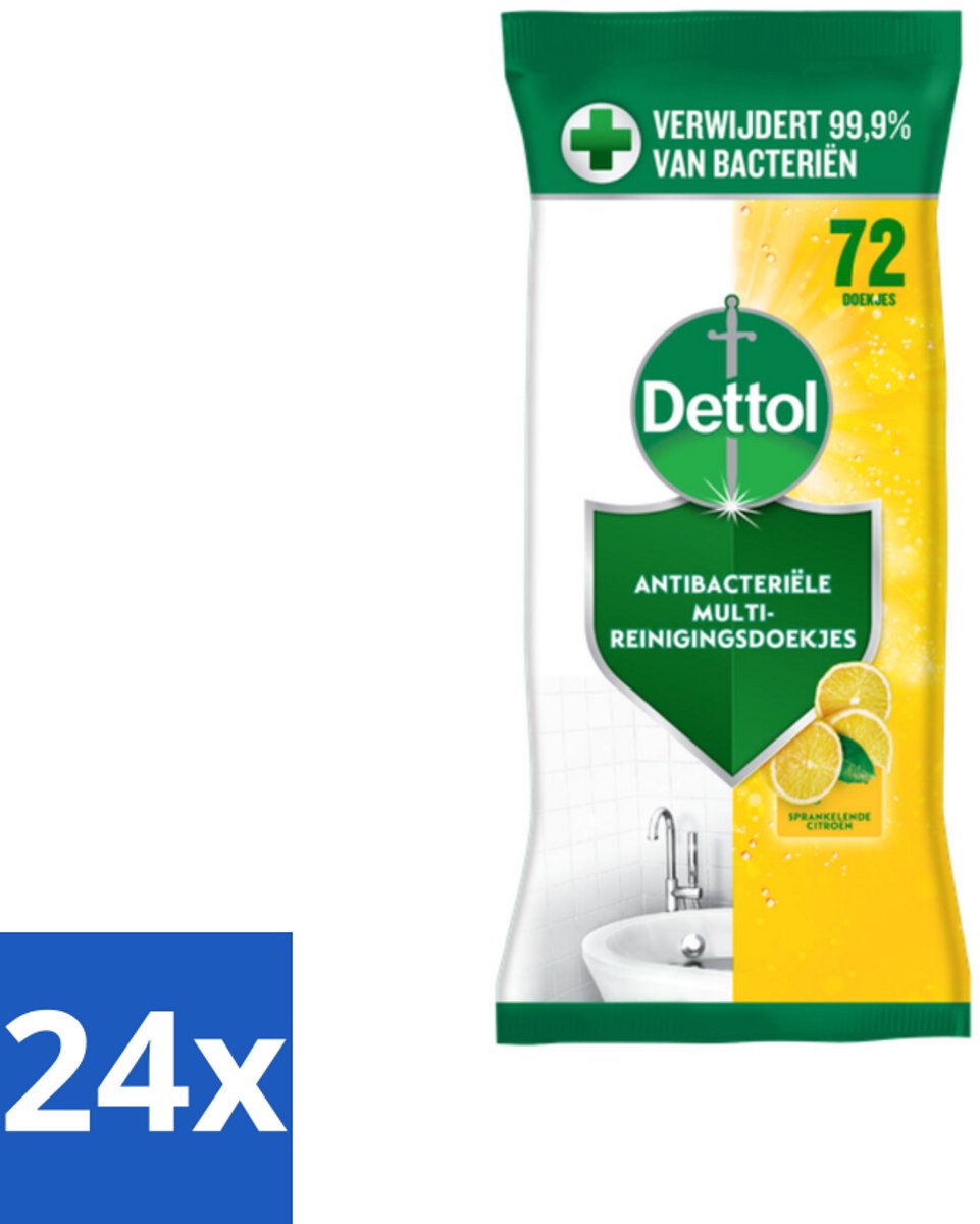 24 x Dettol - Reinigingsdoekjes - Sprankelende Citroen - 99,9% Bacterieverwijdering - 72 Doekjes - Reinigingsdoekjes - Antibacterieel - Schoonmaak - Hygiëne - Citroen