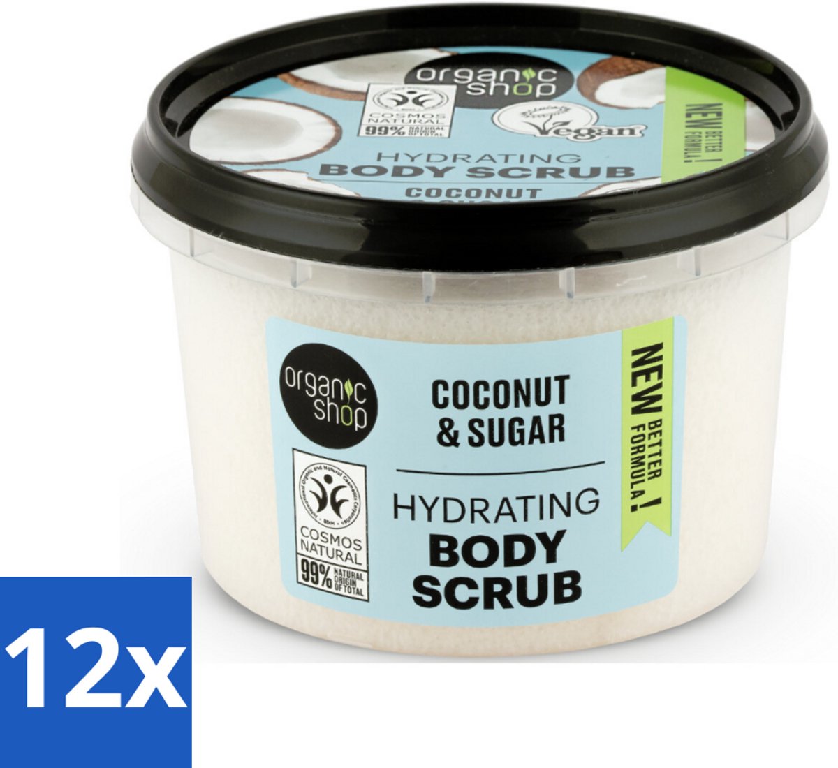 12 x Organic Shop - Hydrating Body Scrub Coconut - Diep Voedend - 250 ml - Suikerscrub - Hydraterende Body Scrub - Kokos - Natuurlijke Ingrediënten - Exfoliatie