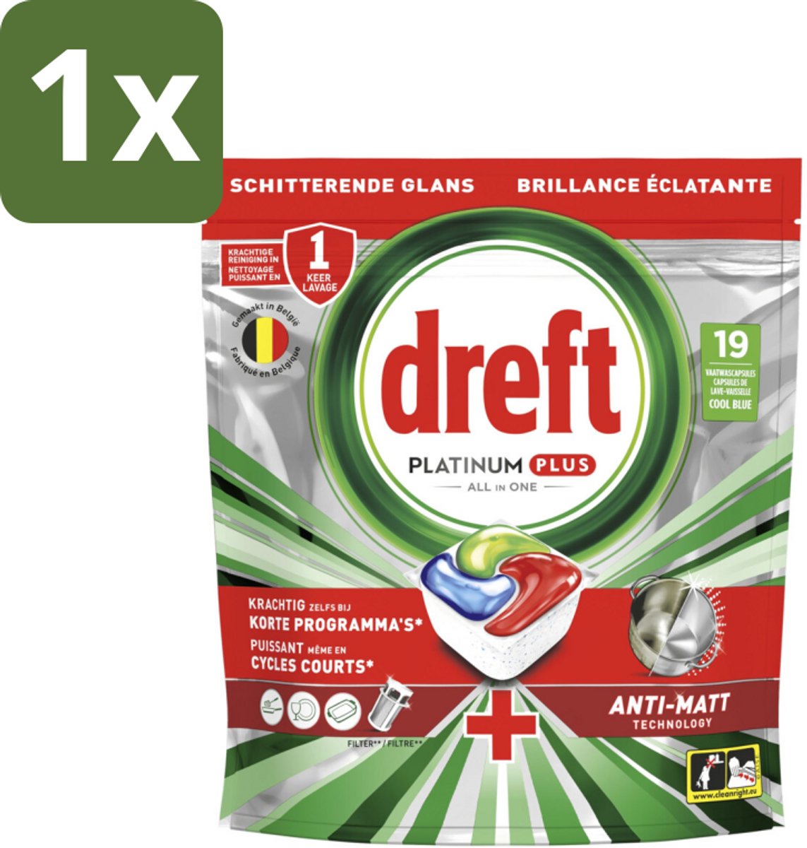 1 x Dreft - Vaatwastabletten - Platinum Plus All-in-One - Diepe reiniging - 19 Tabletten - Vaatwasmiddel - Vaatwastabletten - Reiniging Vaatwerk - Herstel Vaatglans - Anti-dofheid